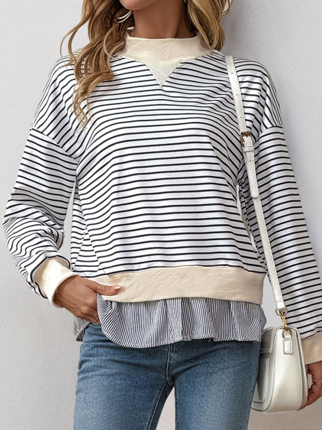 Perfee Faux Layered Striped Long Sleeve Sweatshirt