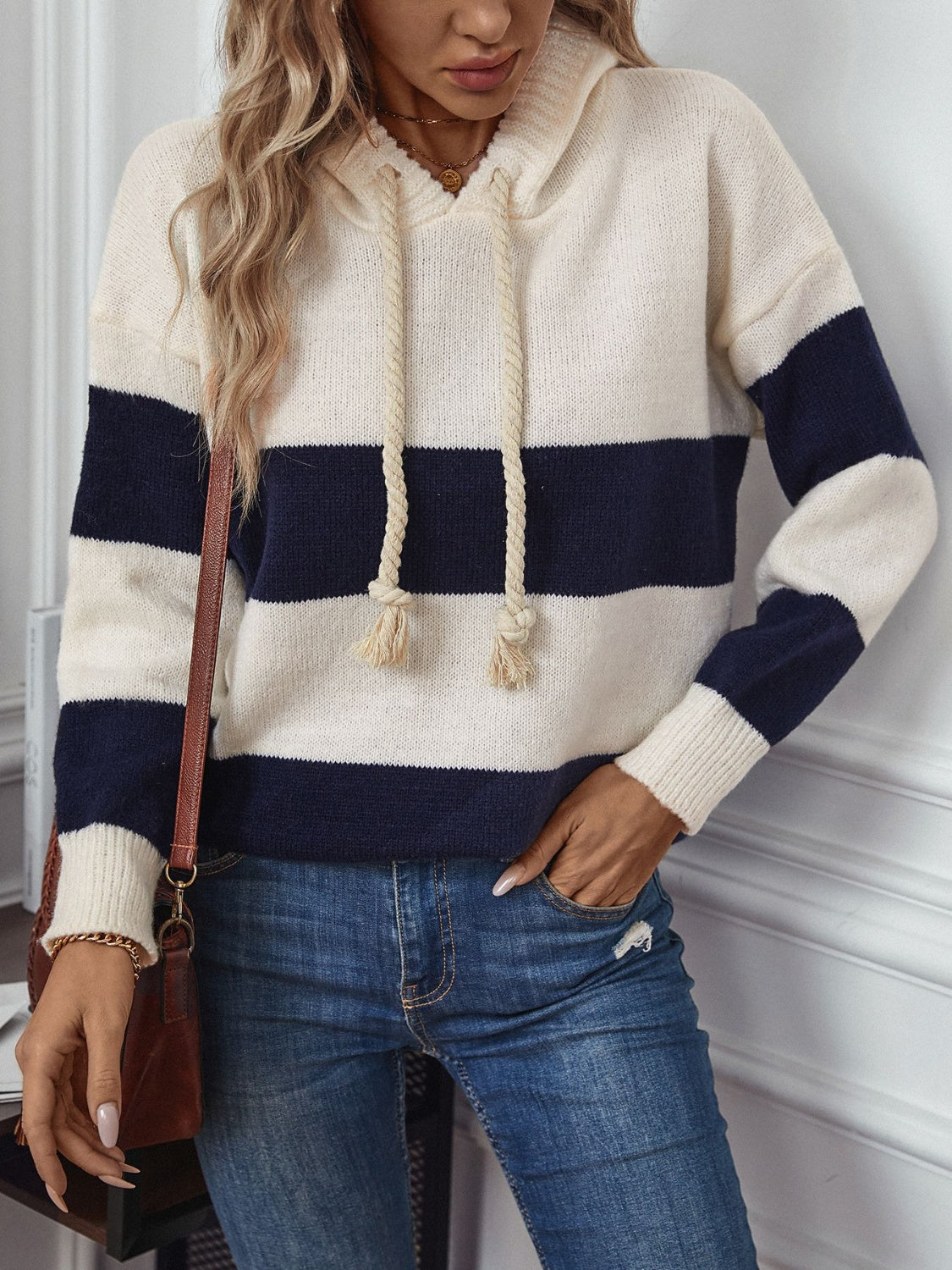 Drawstring Contrast Stripe Dropped Shoulder Hooded Sweater