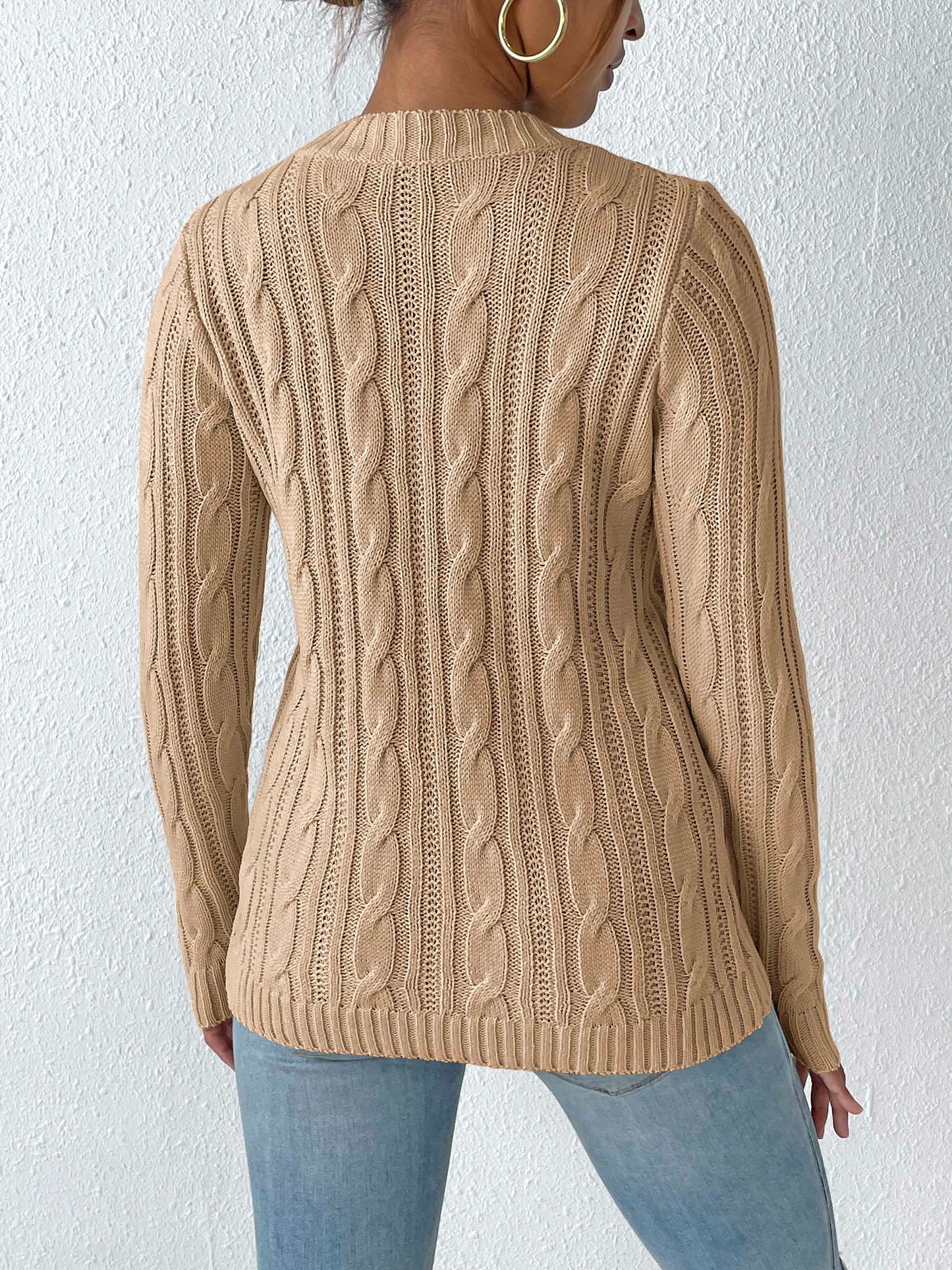 Cable-Knit Heart Round Neck Long Sleeve Sweater