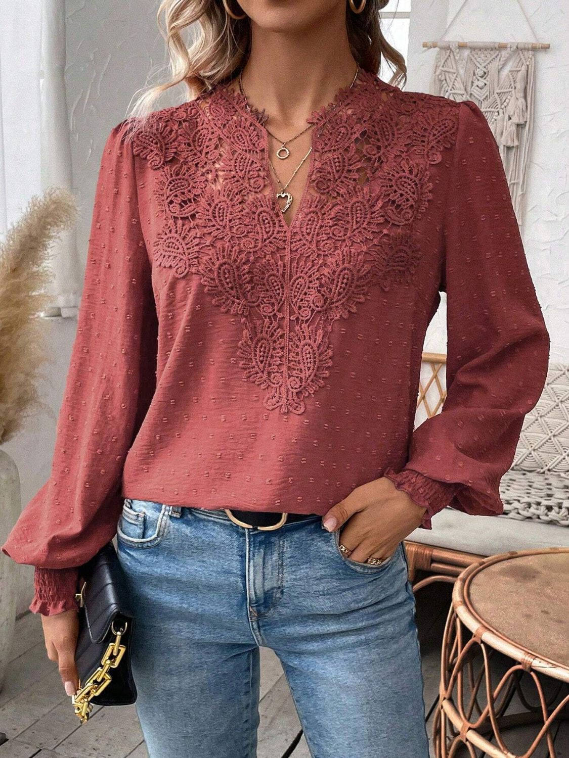 Swiss Dot Lace Detail Notched Long Sleeve Blouse