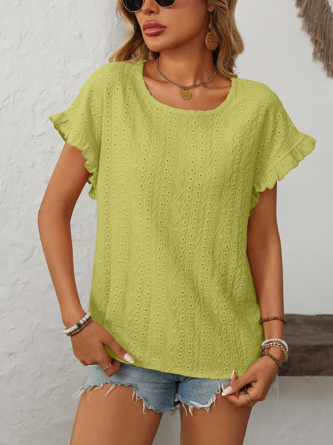 Mandy Eyelet Round Neck Short Sleeve Top