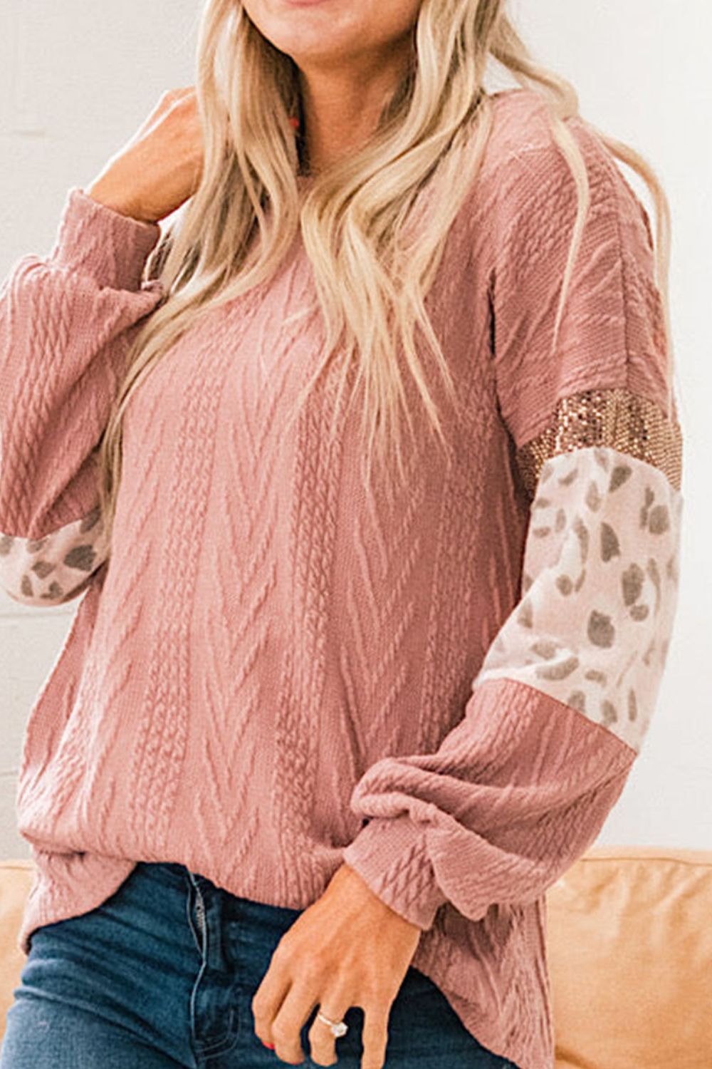 Sequin Leopard Round Neck Long Sleeve Sweater