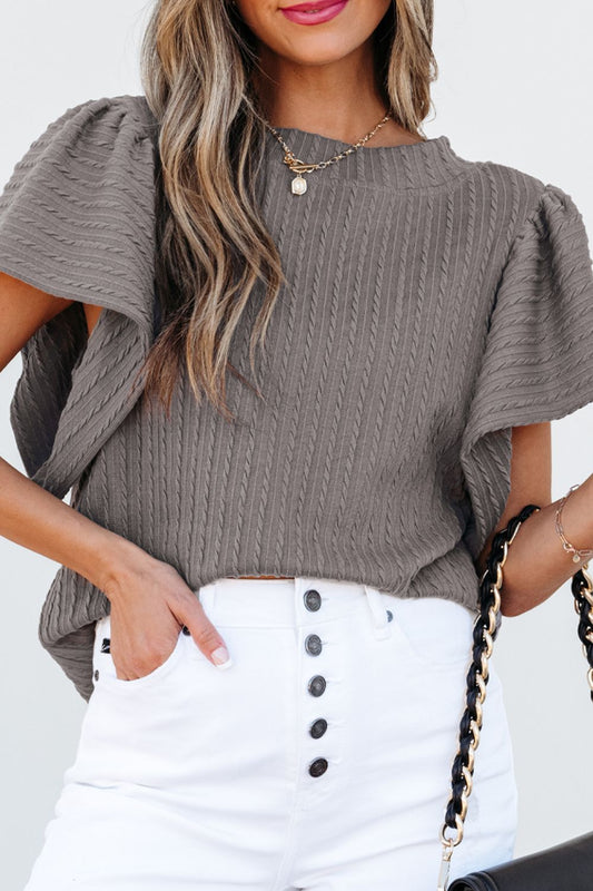 Textured Round Neck Flounce Sleeve Blouse