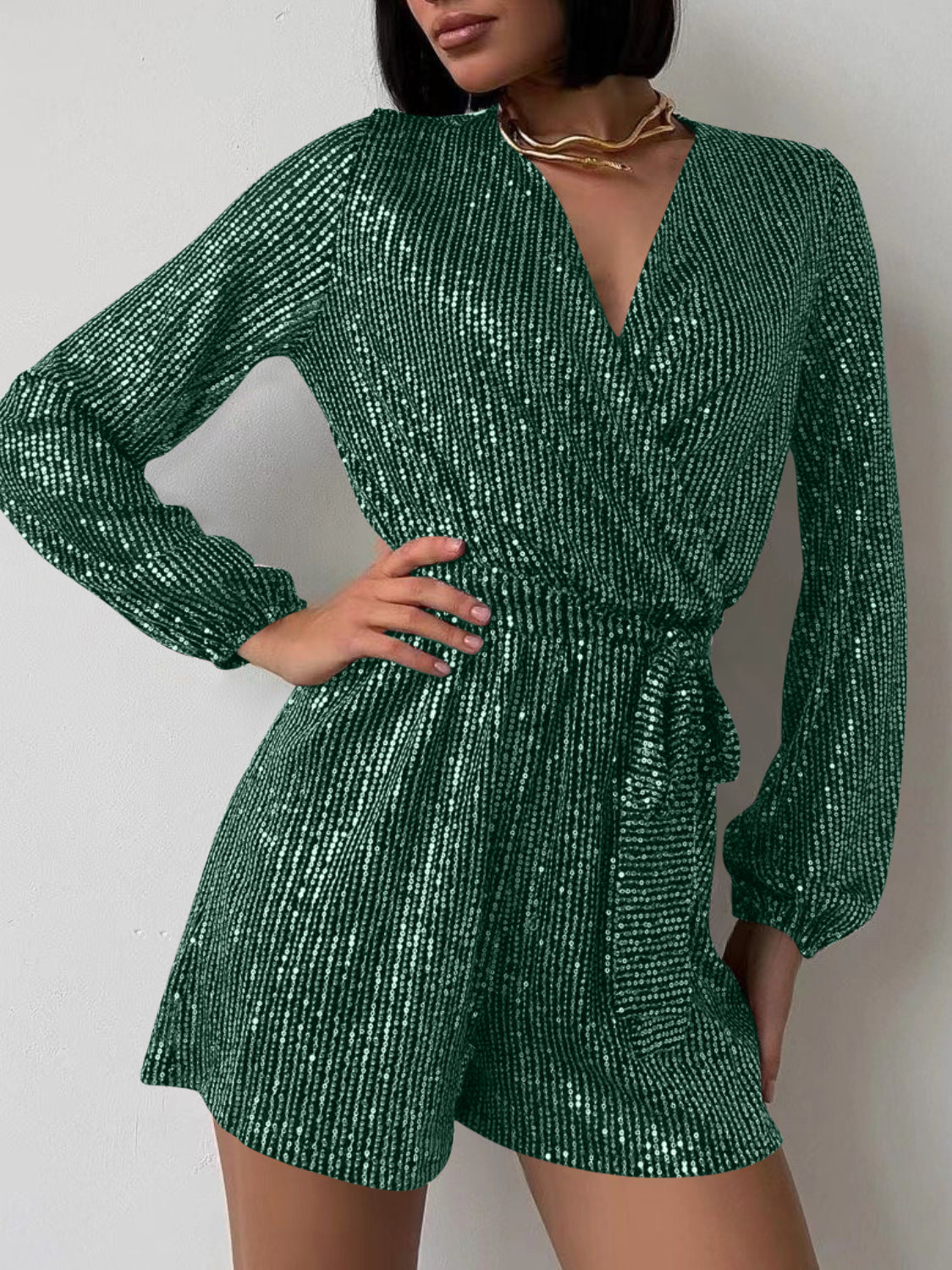 Full Size Sequin Surplice Tie Waist Long Sleeve Romper