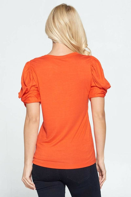 Solid Short Sleeve Top with Scrunched Sleeves