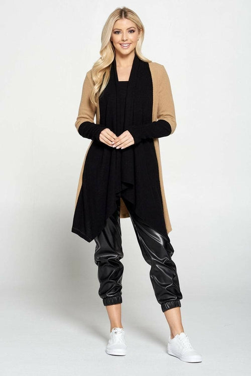 Open Front Draped Cardigan with Color Block Sleeve Detail