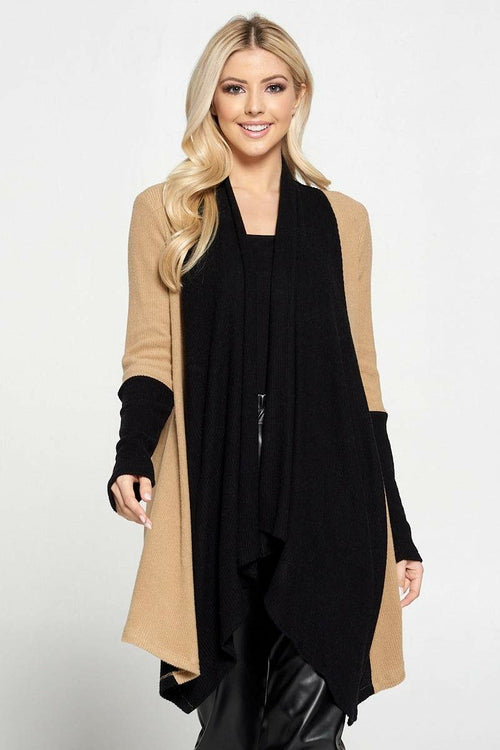 Open Front Draped Cardigan with Color Block Sleeve Detail