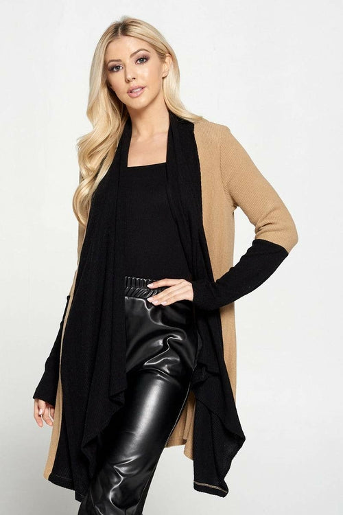 Open Front Draped Cardigan with Color Block Sleeve Detail