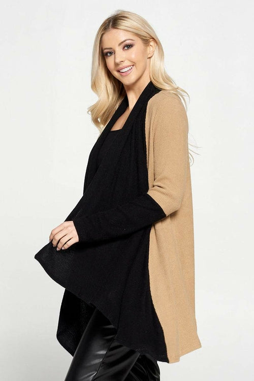 Open Front Draped Cardigan with Color Block Sleeve Detail