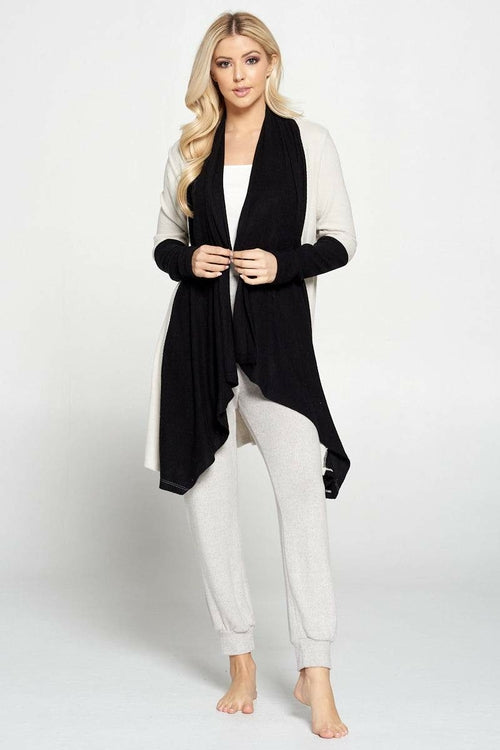 Open Front Draped Cardigan with Color Block Sleeve Detail